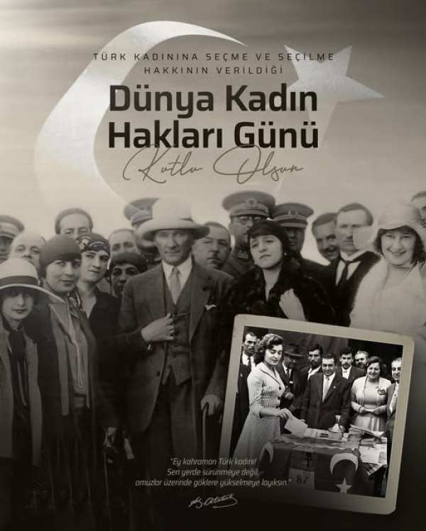 91 yıl önce bugün, Ulu Önderimiz Mustafa Kemal Atatürk’ün öncülüğünde kadınlar, demokratik temsil hakkını elde ederek Türkiye’nin çağdaşlaşma yolculuğunda önemli bir adım attı. 5 Aralık Dünya Kadın Hakları Günü kutlu olsun.