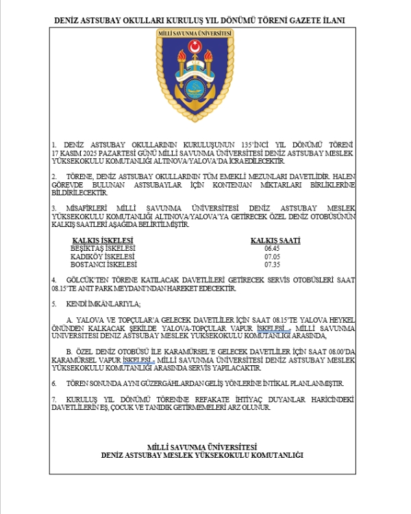 17 KASIM DENİZ ASTSUBAY OKULLARI KURULUŞ YIL DÖNÜMÜ GAZETE İLANI